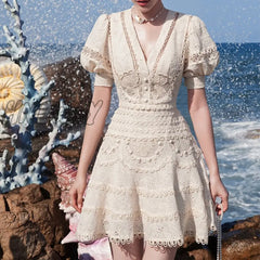 Hnewly New Embroidery Lace Elegant Dress Woman Summer V-Neck High Waist Mini Bodycon Clothing
