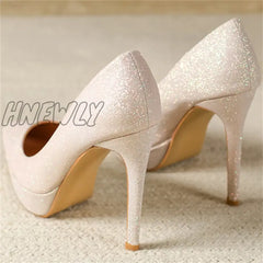 Hnewly New Fashion High Platform Shallow Women Wedding Shoes Gold Sequined Cloth Round Toe Elegant
