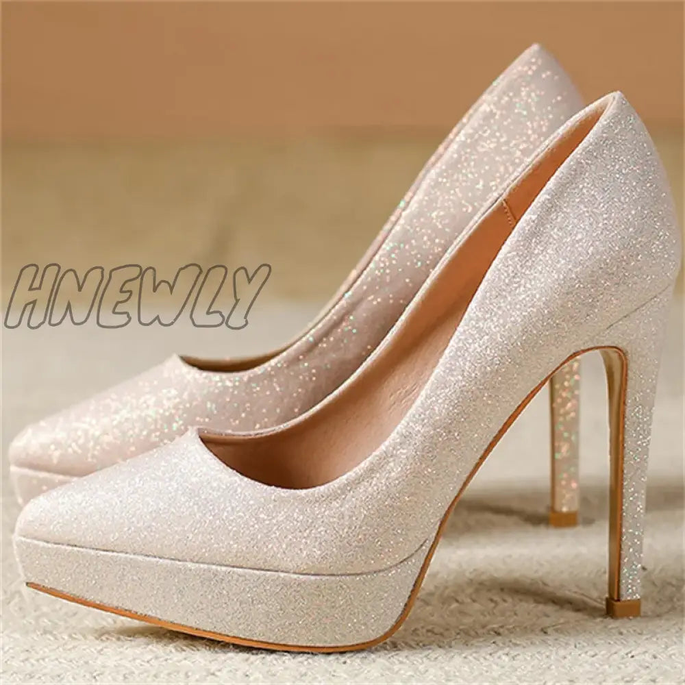 Hnewly New Fashion High Platform Shallow Women Wedding Shoes Gold Sequined Cloth Round Toe Elegant