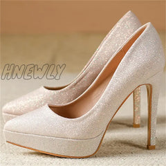 Hnewly New Fashion High Platform Shallow Women Wedding Shoes Gold Sequined Cloth Round Toe Elegant