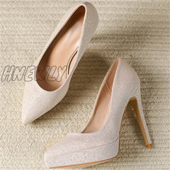 Hnewly New Fashion High Platform Shallow Women Wedding Shoes Gold Sequined Cloth Round Toe Elegant