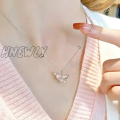 Hnewly New Fashion Trendy Y2K Crystal Pink Zircon Heart Pendant Necklace For Women Girl Elegant And
