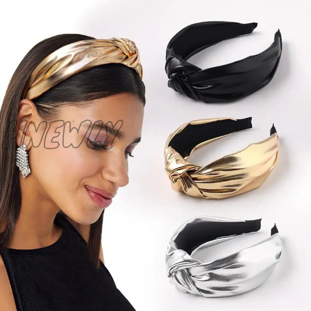 Hnewly New Fashion Women Hairband Soft Pu Leather Headband Vintage Headwear Shining Hair Hoop