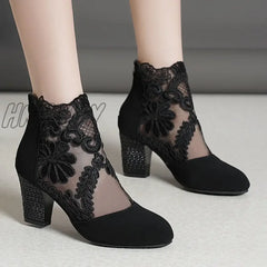 Hnewly New Fashion Women High Heels Lace Flower Ankle Strap Hollow Out Sandals Round Toe Zip Pumps