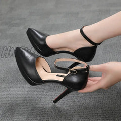 Hnewly New Fashion Women Pumps Shoes Waterproof Platform One-Line Buckle Hollow Pointed Toe 10Cm