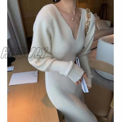 Hnewly New French Style Long Sweater Dress Knitting Solid Women’s Autumn And Winter Wear