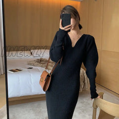 Hnewly New French Style Long Sweater Dress Knitting Solid Women’s Autumn And Winter Wear