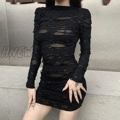 Hnewly New Gothic Black Mini Dress Streetwear Rock Punk Hollow Retro High Waist Long Sleeve Bodycon