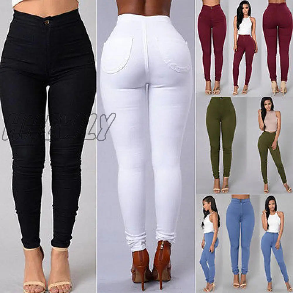Hnewly New Hot Sale Women Denim Skinny Jeggings Pants High Waist Stretch Jeans Pure Color Slim