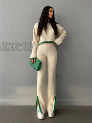 Hnewly New Knit Pants Sets Two-Piece Women Outfits Casual Black White Contrast Color Wide Leg