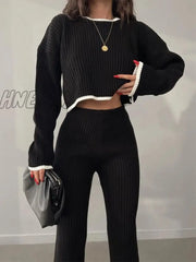 Hnewly New Knit Pants Sets Two-Piece Women Outfits Casual Black White Contrast Color Wide Leg