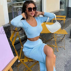 Hnewly New Knit Two Piece Set Women Autumn Midi Skirt Long Sleeve Crop Top High Waist Dress Suit