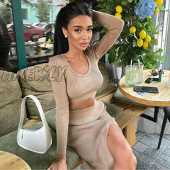 Hnewly New Knit Two Piece Set Women Autumn Midi Skirt Long Sleeve Crop Top High Waist Dress Suit