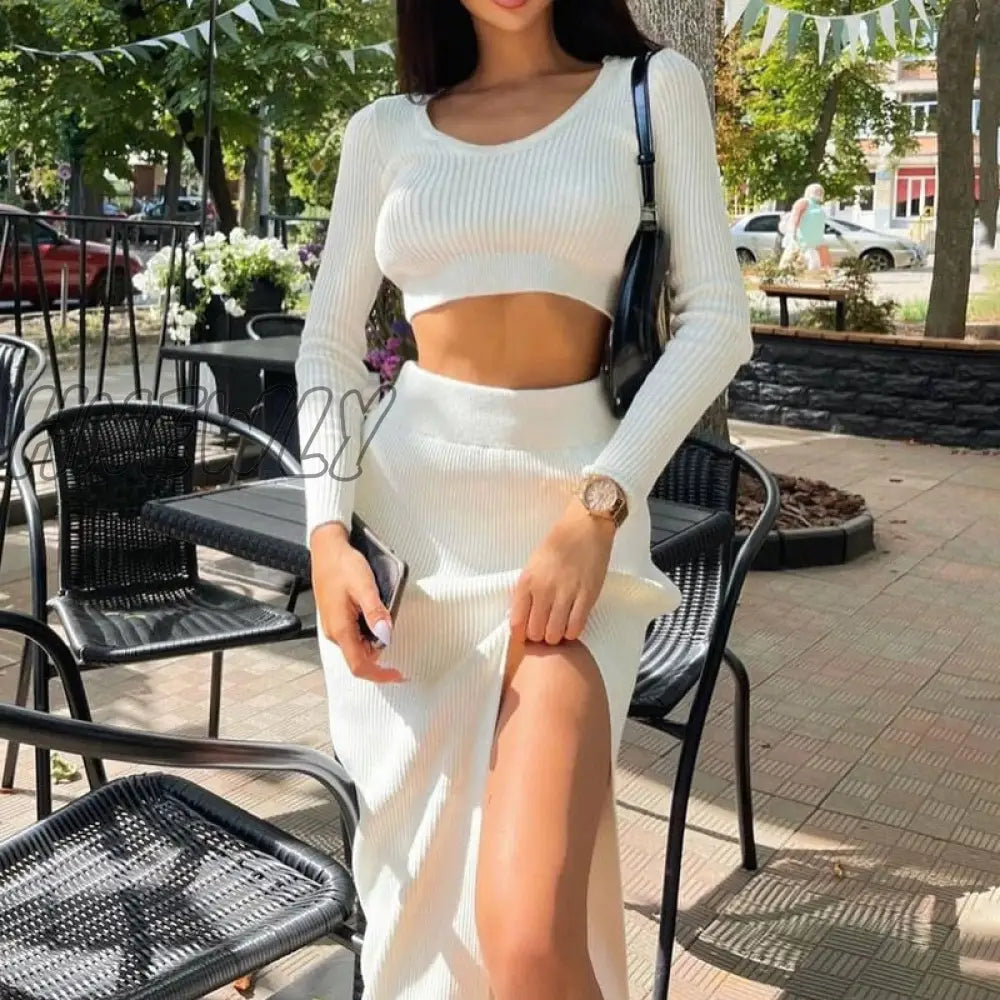 Hnewly New Knit Two Piece Set Women Autumn Midi Skirt Long Sleeve Crop Top High Waist Dress Suit
