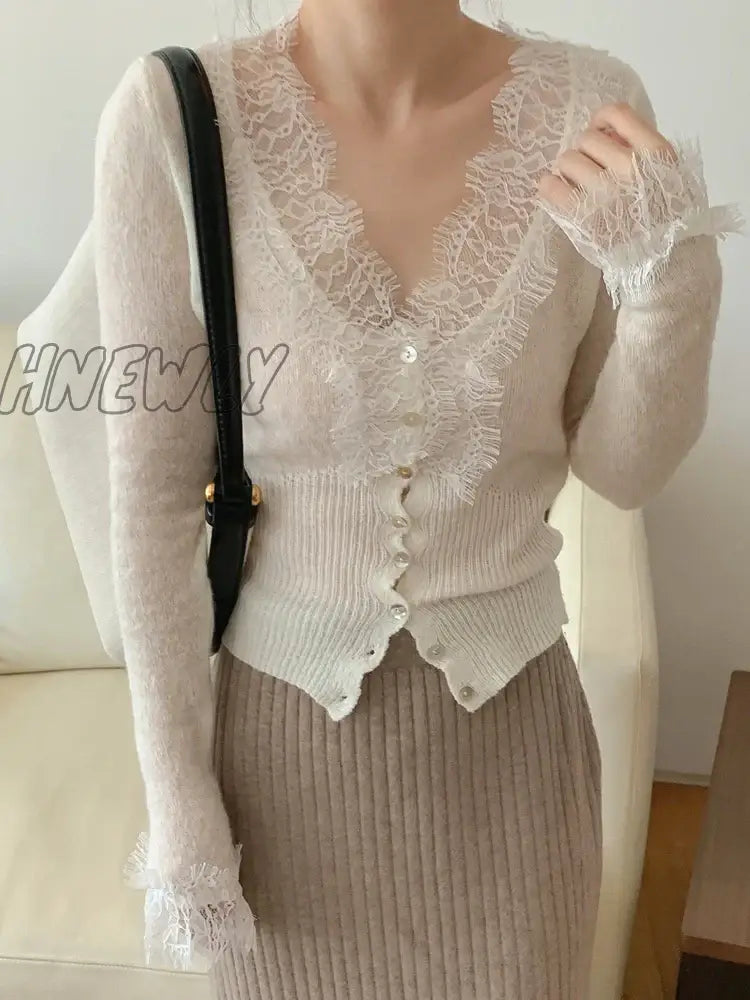 Hnewly New Korean Fashion Chic Vintage Sweater Lace Women Autumn Winter Knitted V-Neck Cardigans
