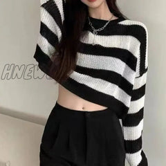 Hnewly New Korean Style Striped Cropped Sweater Women Vintage Oversize Knit Jumper Female Autumn