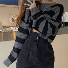 Hnewly New Korean Style Striped Cropped Sweater Women Vintage Oversize Knit Jumper Female Autumn