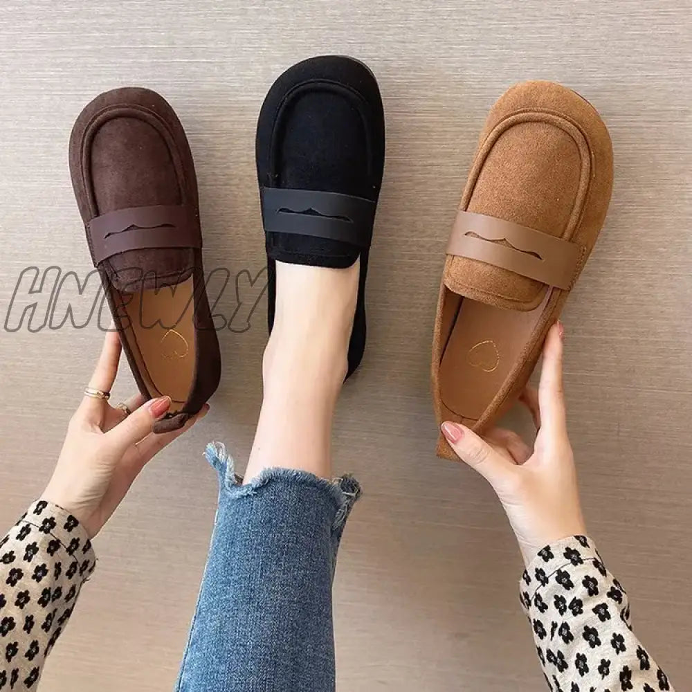 Hnewly New Ladies Flat Shoes Casual Non-Slip Driving Leather Comfortable Black Brown