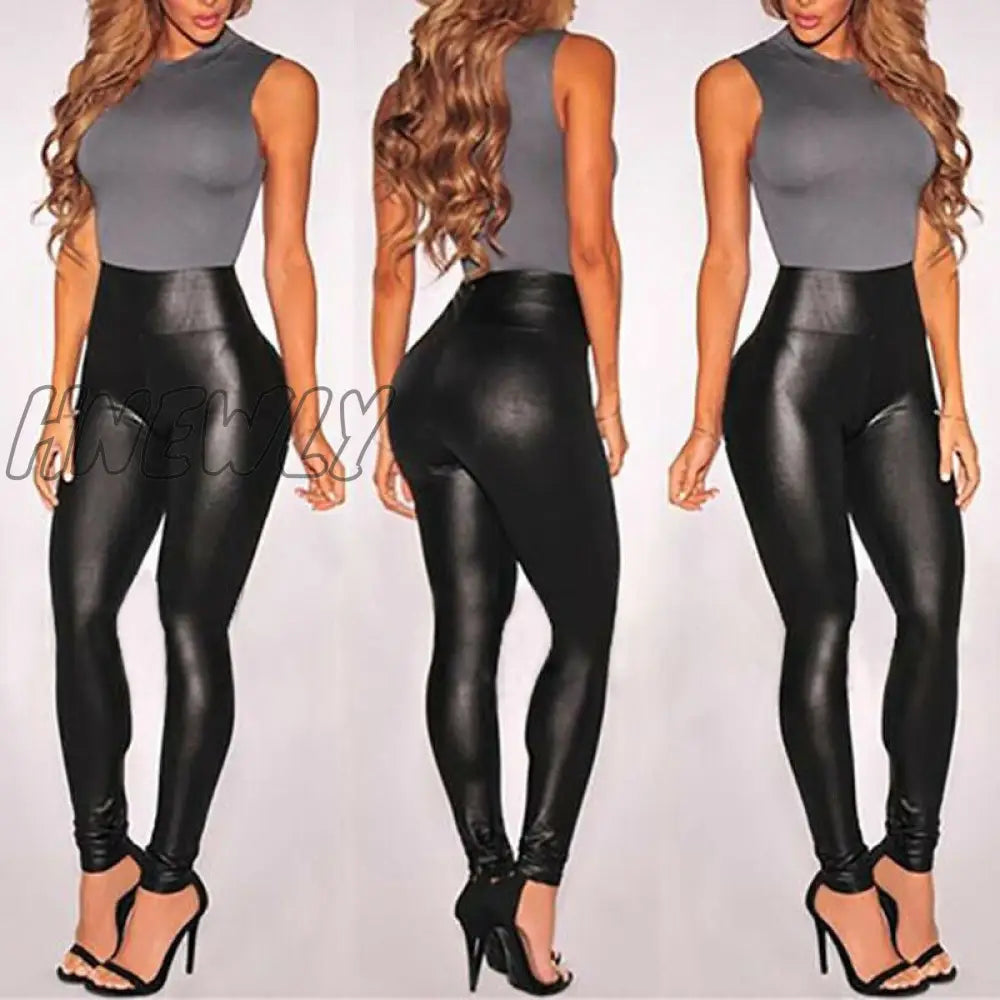 Hnewly New Leather Shiny Sexy Leggings For Women Vadim Summer High Waist Black Stretchy Faux Pant