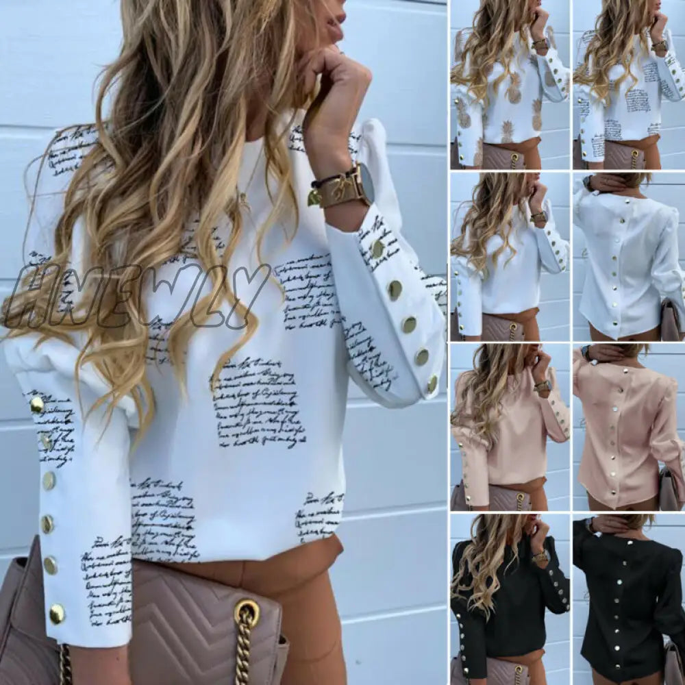 Hnewly New Plus Size Womens Blouses And Shirts Casual Solid Print O Neck Long Sleeve Tunic Button