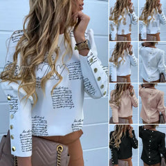 Hnewly New Plus Size Womens Blouses And Shirts Casual Solid Print O Neck Long Sleeve Tunic Button