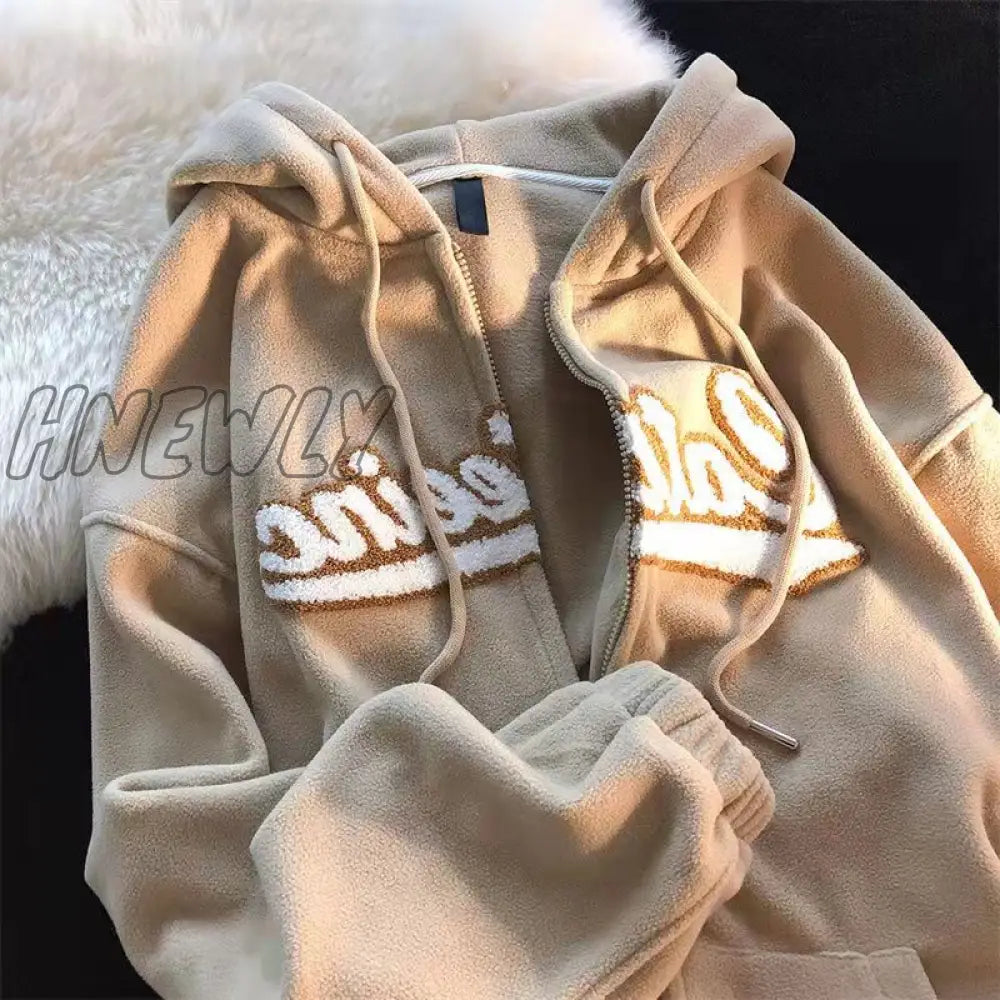 Hnewly New Polar Fleece Hoodies Women Casual Embroidery Clothes For Teens Sweatshirts Vintage Pink