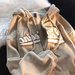 Hnewly New Polar Fleece Hoodies Women Casual Embroidery Clothes For Teens Sweatshirts Vintage Pink