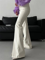 Hnewly New Pu Leather Spilt Out Flared Pants Casual White Slim High Waist Trousers Wide Leg For