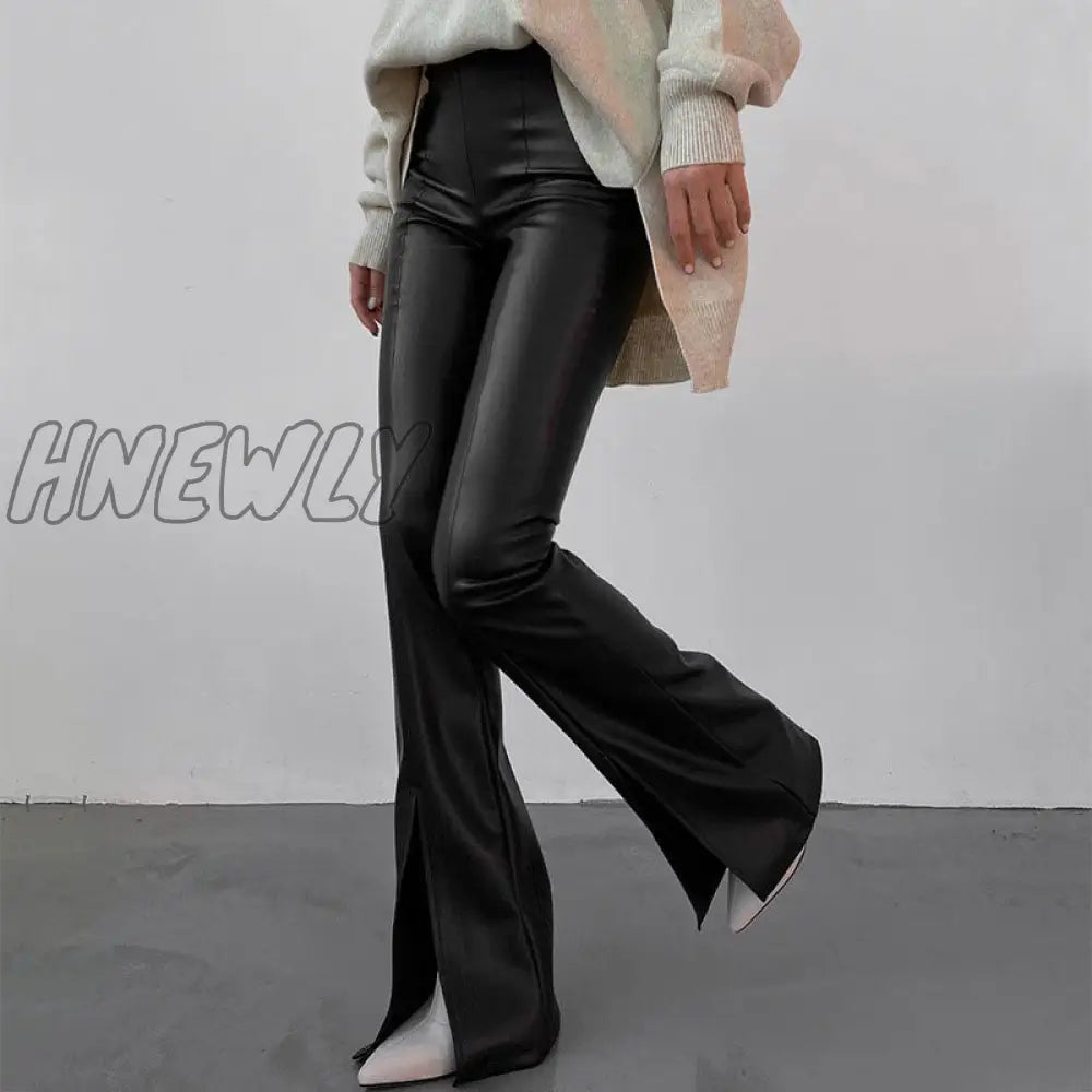 Hnewly New Pu Leather Spilt Out Flared Pants Casual White Slim High Waist Trousers Wide Leg For