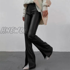 Hnewly New Pu Leather Spilt Out Flared Pants Casual White Slim High Waist Trousers Wide Leg For
