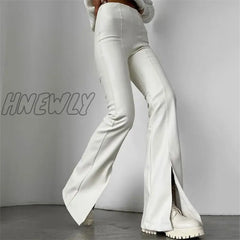 Hnewly New Pu Leather Spilt Out Flared Pants Casual White Slim High Waist Trousers Wide Leg For