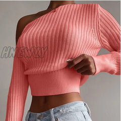 Hnewly New Sexy Off Shoulder Women’ Sweater Jumper Long Sleeve Knitted Crop Tops Fashion Solid