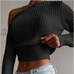 Hnewly New Sexy Off Shoulder Women’ Sweater Jumper Long Sleeve Knitted Crop Tops Fashion Solid