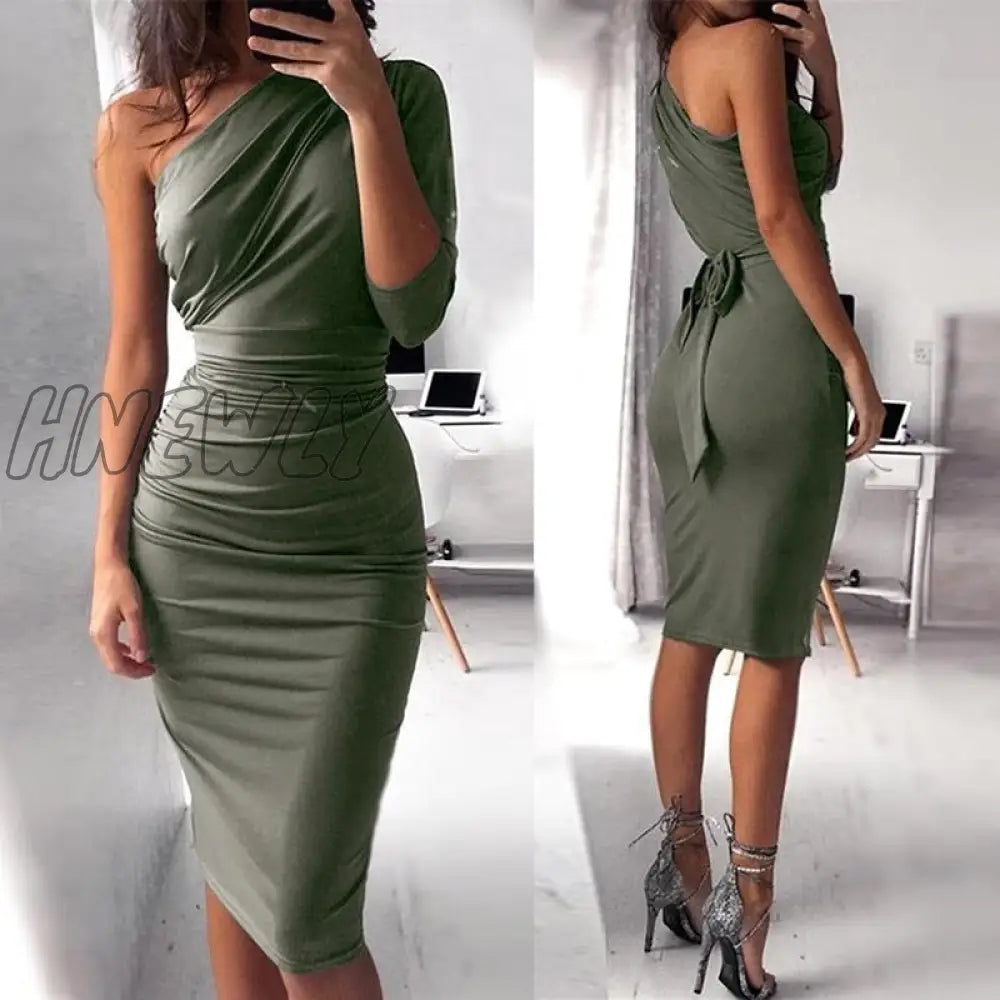 Hnewly New Sexy One Shoulder Bodycon Party Dresses Elegant Women Casual Midi Sheath Slim Dress
