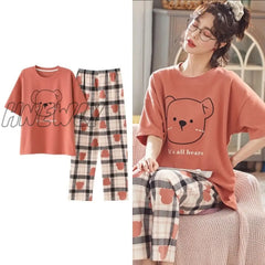 Hnewly New Sleepwear Cartoon Cotton Pajamas For Women Long Pants Short Sleeved Summer Spring