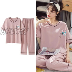 Hnewly New Sleepwear Cartoon Cotton Pajamas For Women Long Pants Short Sleeved Summer Spring