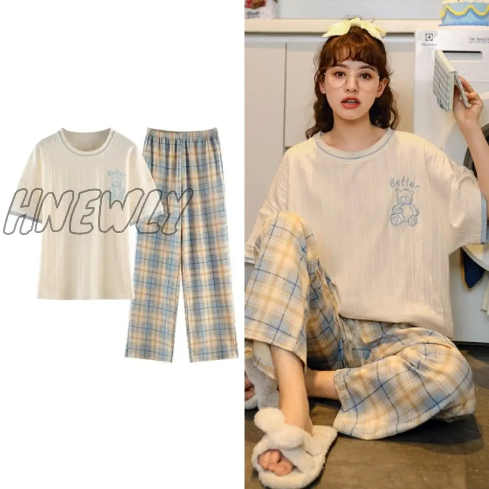 Hnewly New Sleepwear Cartoon Cotton Pajamas For Women Long Pants Short Sleeved Summer Spring