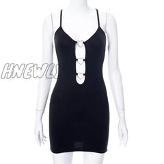 Hnewly New Solid Color Sling Mini Dress Metal Buckle Hollow Love Hip Women’s Party