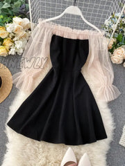 Hnewly New Spring Autumn Women Elegant Slash Neck Off Shoulder Tulle Patchwork Puff Sleeve High