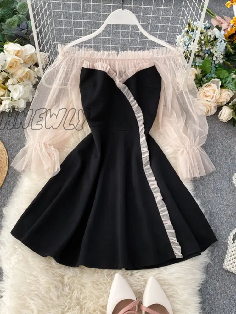 Hnewly New Spring Autumn Women Elegant Slash Neck Off Shoulder Tulle Patchwork Puff Sleeve High