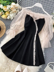 Hnewly New Spring Autumn Women Elegant Slash Neck Off Shoulder Tulle Patchwork Puff Sleeve High