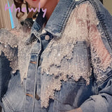 Hnewly New Spring Patchwork Lace Denim Jackets Coat Women Tassel Beading Diamonds Jackets Outerwear Coats and Jackets Women Pretty Girl Outfits