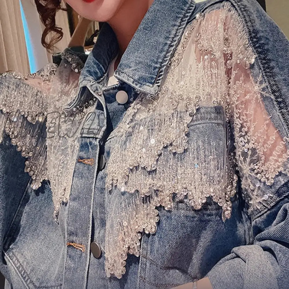 Hnewly New Spring Patchwork Lace Denim Jackets Coat Women Tassel Beading Diamonds Outerwear Coats