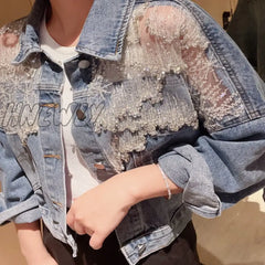 Hnewly New Spring Patchwork Lace Denim Jackets Coat Women Tassel Beading Diamonds Outerwear Coats