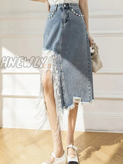 Hnewly New Spring Summer Beading Split Denim Skirts Women Fashion High Waist A-Line Irregular Jeans