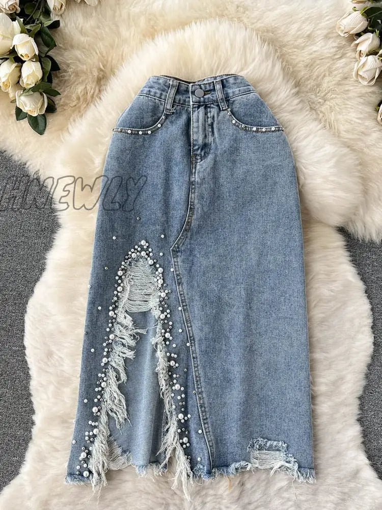 Hnewly New Spring Summer Beading Split Denim Skirts Women Fashion High Waist A-Line Irregular Jeans