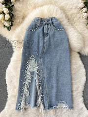 Hnewly New Spring Summer Beading Split Denim Skirts Women Fashion High Waist A-Line Irregular Jeans