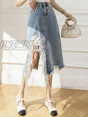 Hnewly New Spring Summer Beading Split Denim Skirts Women Fashion High Waist A-Line Irregular Jeans