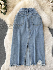 Hnewly New Spring Summer Beading Split Denim Skirts Women Fashion High Waist A-Line Irregular Jeans
