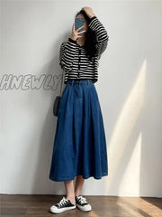 Hnewly New Spring Summer Denim Skirts Women Casual High Waist A-Line Lady Loose Vintage Dark Blue